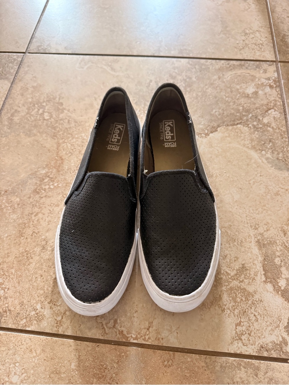 Keds Women’s Double Decker Black Perforated Leather Slip-On Sneaker